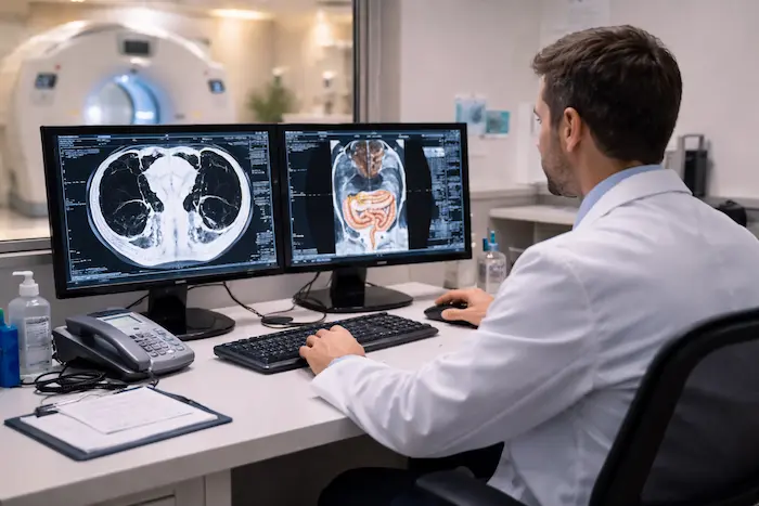 Radyoloji uzmanı tomografi sonucunu değerlendiriyor