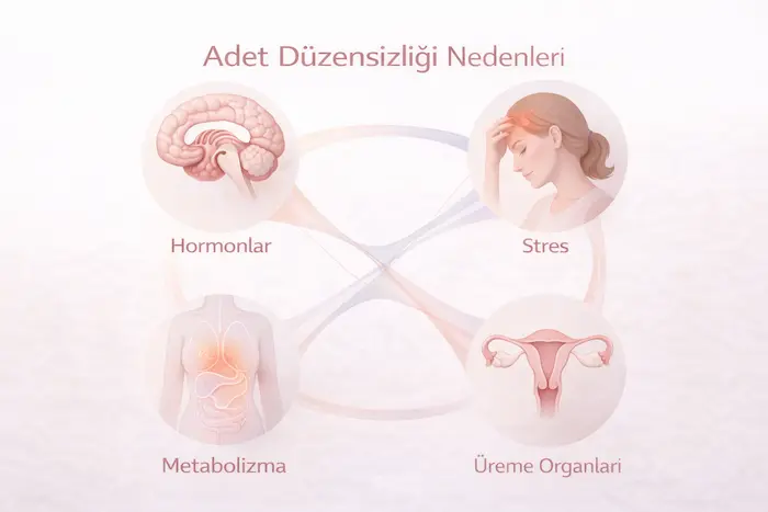 Adet düzensizliği nedenlerini gösteren tıbbi infografik; hormonlar, stres, metabolizma ve üreme organları arasındaki ilişkiyi açıklayan medikal görsel