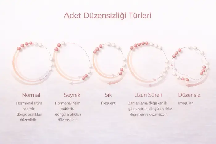 Adet düzensizliği türlerini gösteren infografik; normal, seyrek, sık, uzun süreli ve düzensiz adet döngüsü modellerinin karşılaştırmalı tıbbi görseli