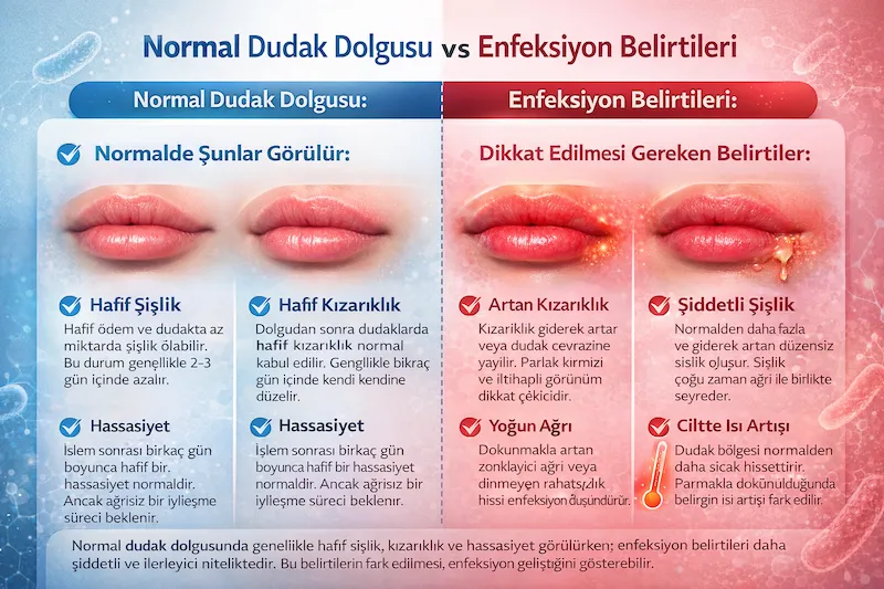 Normal dudak dolgusu belirtileri ile enfeksiyon belirtilerinin karşılaştırıldığı medikal bilgilendirici görsel